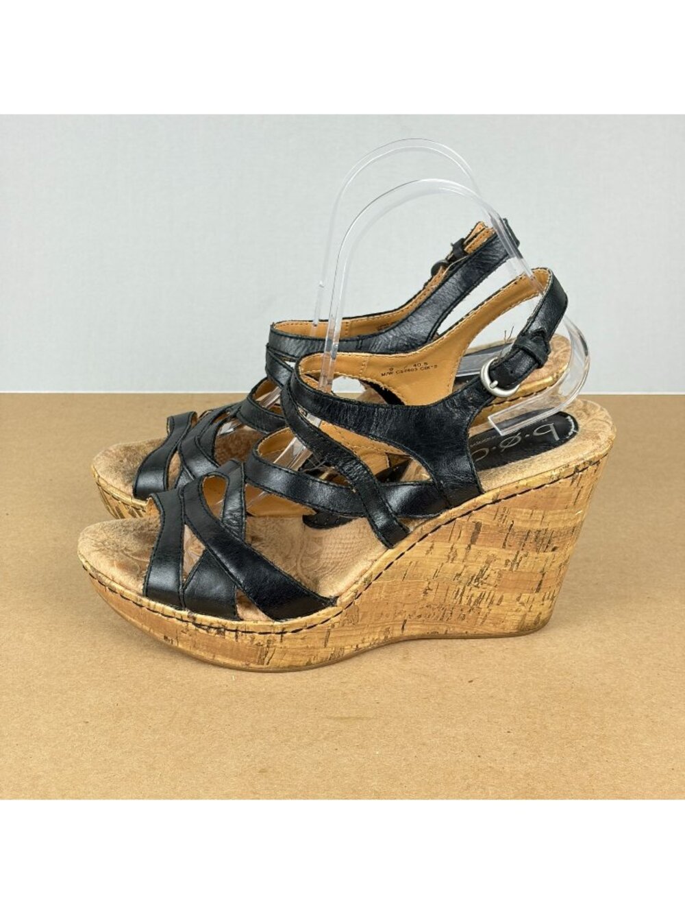 boc Born Cork Wedge Leather Sandals Womens 9 Black Tan Slingback Buckle